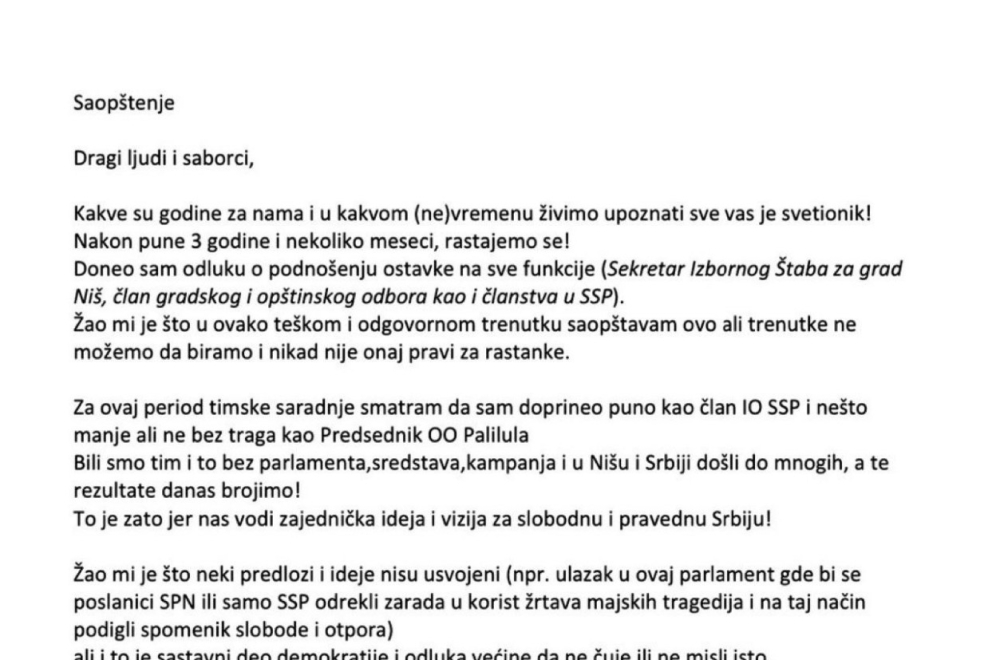 Novi udarac za Đilasa, SSP u Nišu ostao bez sekretara