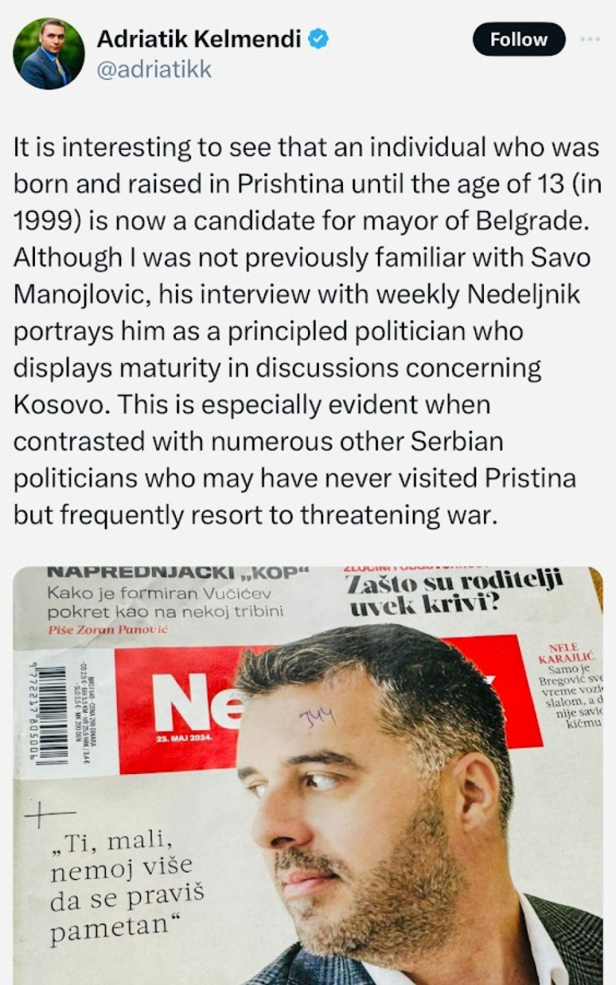 Manojlović se rukovodi albanskim principima: Kurtijevi mediji ga veličaju