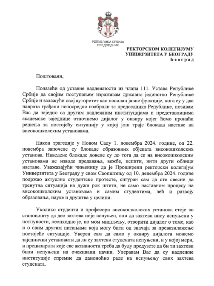 Vučić uputio poziv Rektorskom kolegijumu UB: Predlaže dijalog o rešavanju gorućih problema u društvu