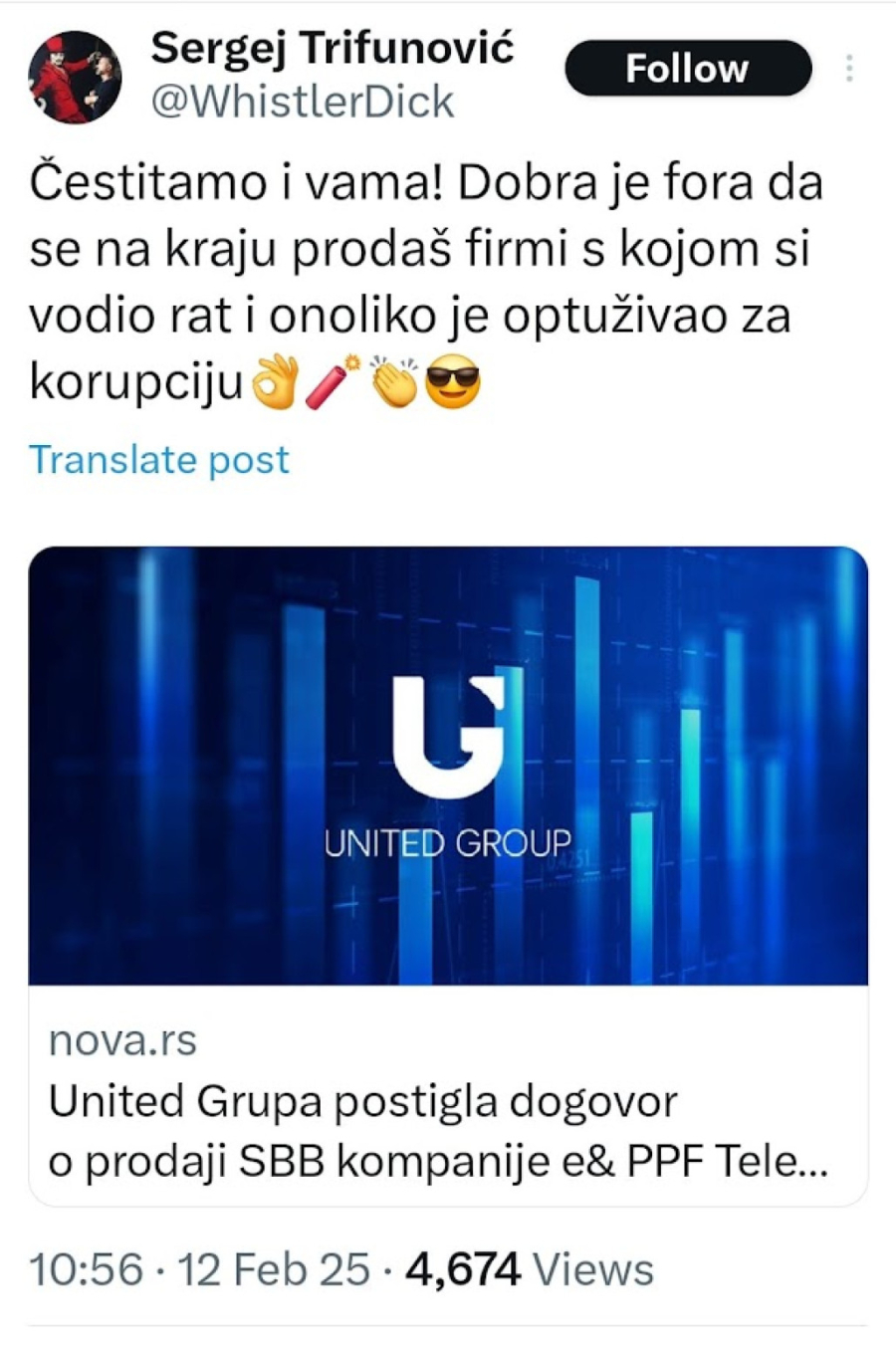Trifunović o prodaji SBB: Dobra je fora da se prodaš firmi s kojom si vodio rat