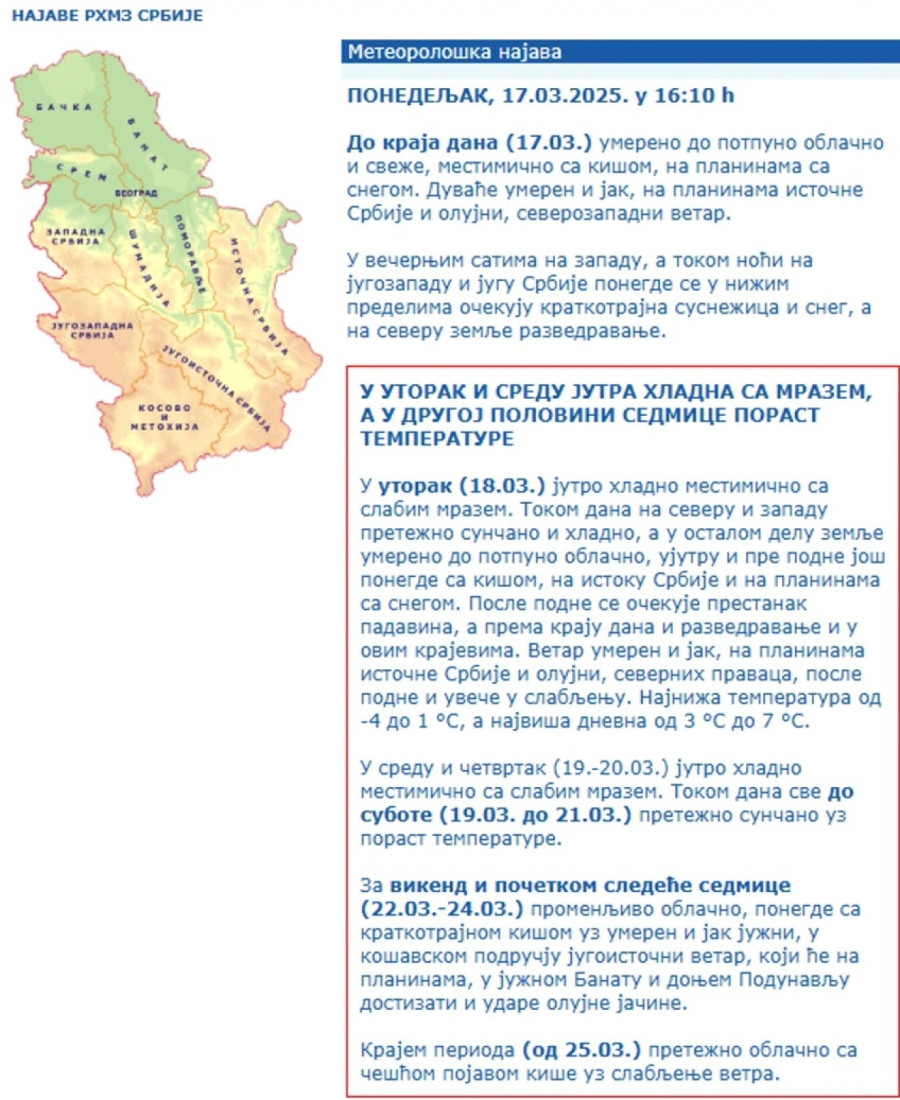Izdato upozorenje za Srbiju: Stižu sneg, mraz i olujni vetar