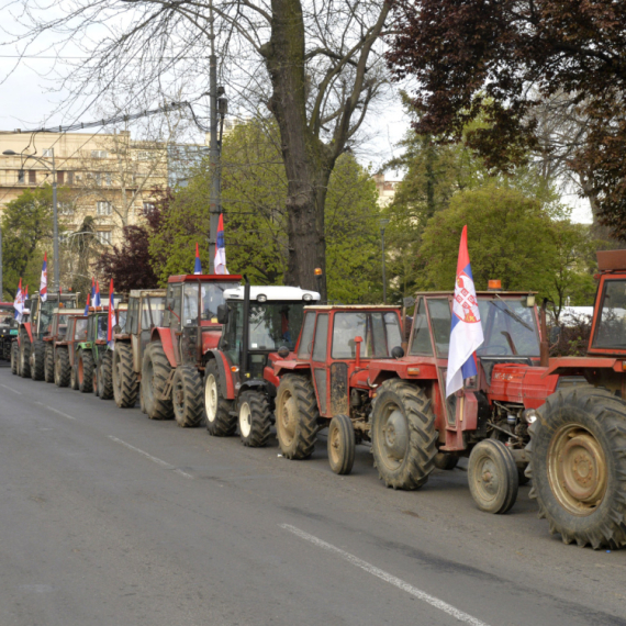 A large number of tractors in Belgrade downtown, each with a Serbian flag; Serbs from Kosovo and Metohija come
