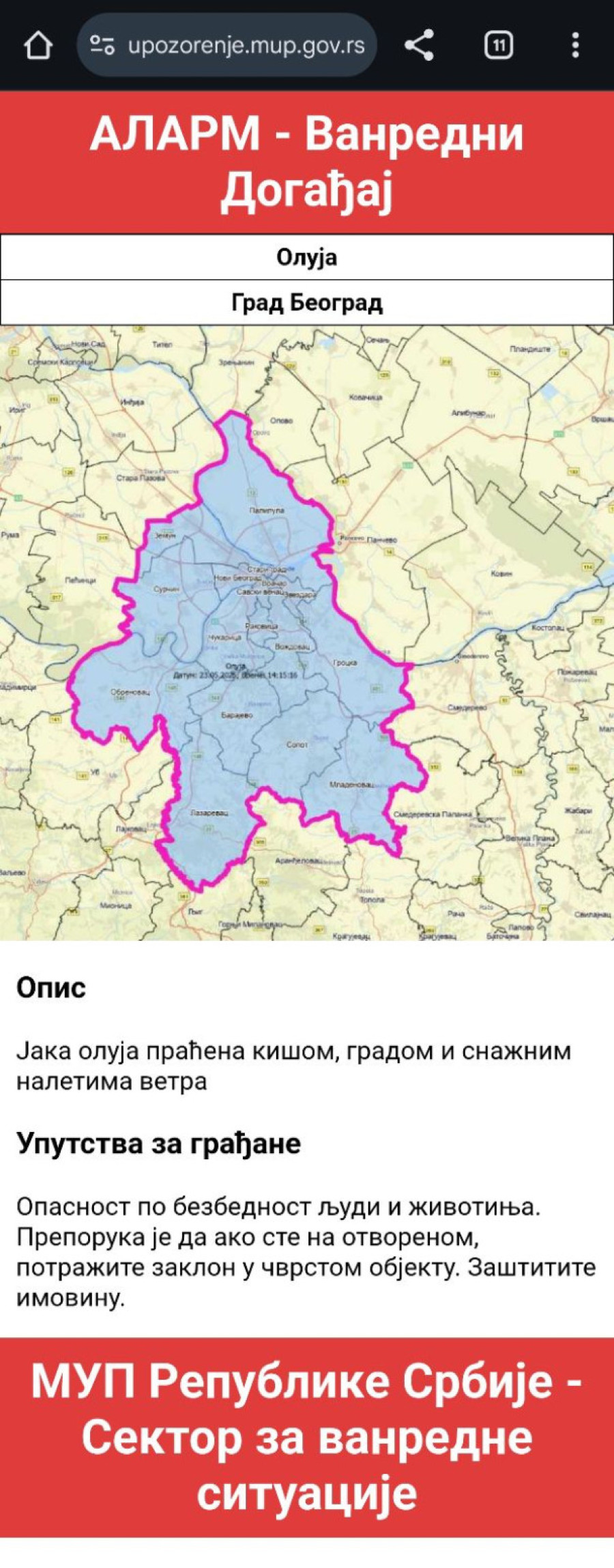 MUP i RHMZ izdali hitno upozorenje: Opasnost po bezbednost; Građanima stižu SMS poruke FOTO