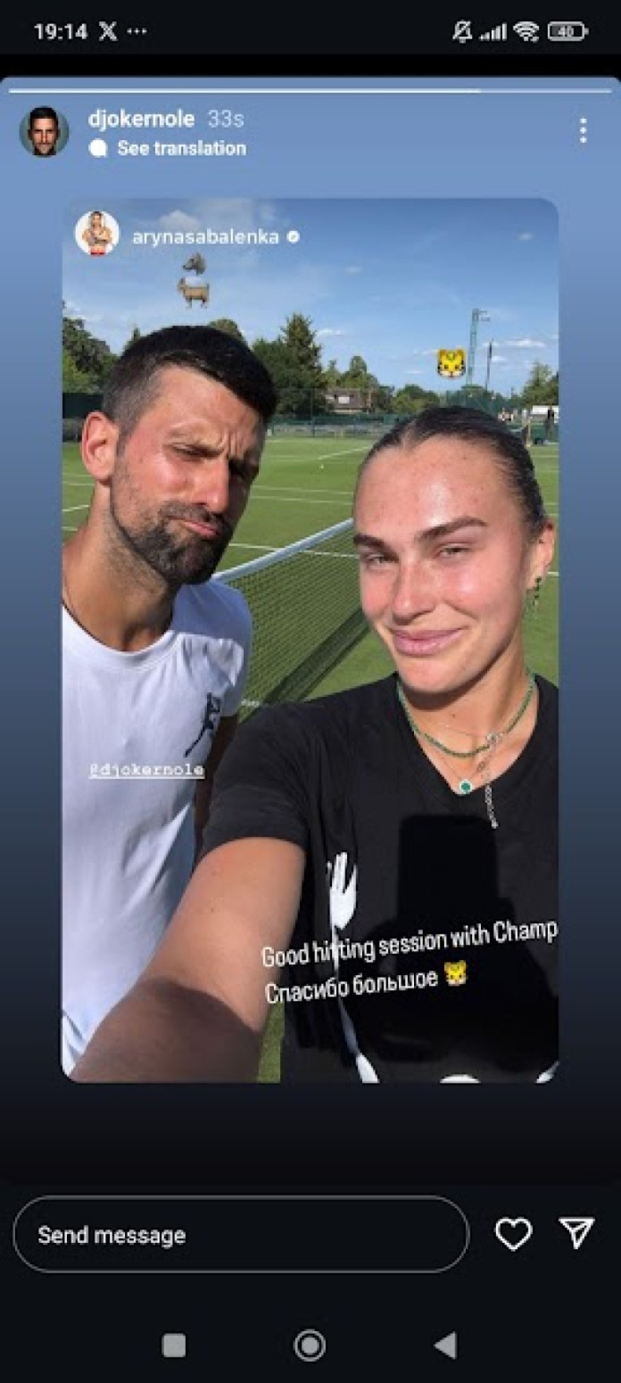 Sabalenka objavila fotografiju sa Đokovićem: Dobro udaranje FOTO