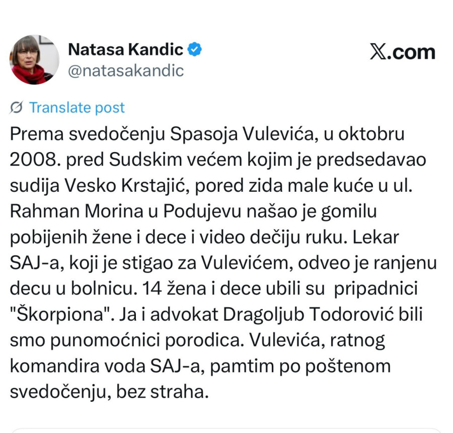 Hvalospev Nataše Kandić o Vuleviću: On je na sudu pošteno svedočio o srpskim ratnim zločinima protiv Albanaca