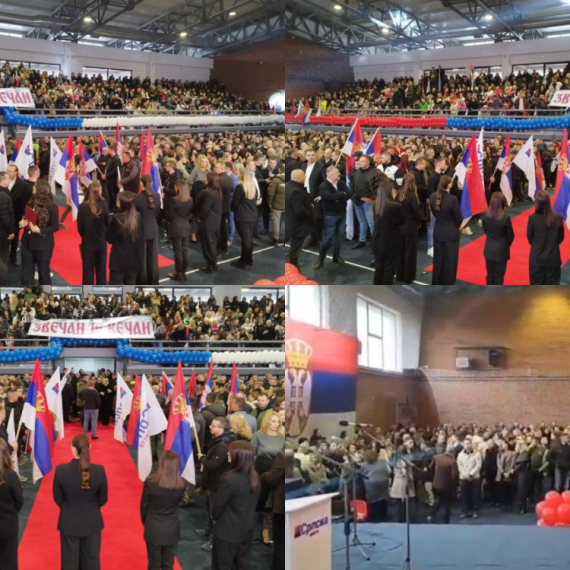 Serbian List rally kicks off: Sports Hall in Kosovska Mitrovica adorned in Serbian Tricolor PHOTO/VIDEO