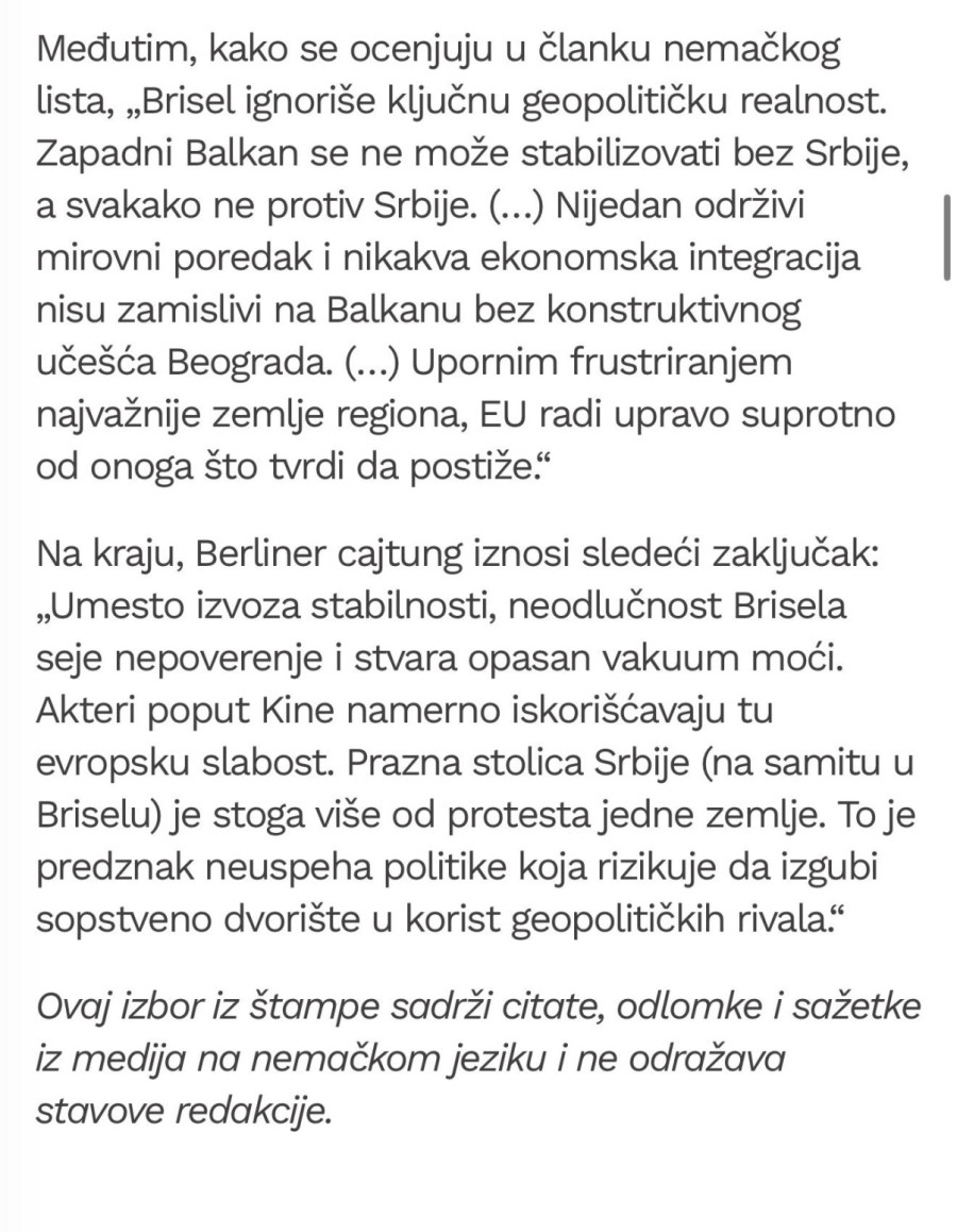 German media: Without Serbia, there is no stability in the Balkans; Brussels is doing everything wrong PHOTO