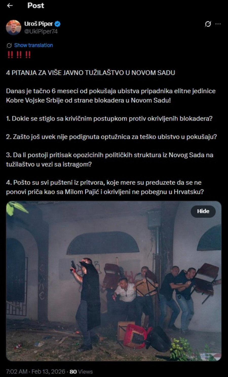 Ko štiti blokadere? Piper: Zašto još nema optužnice za pokušaj ubistva pripadnika Kobri?