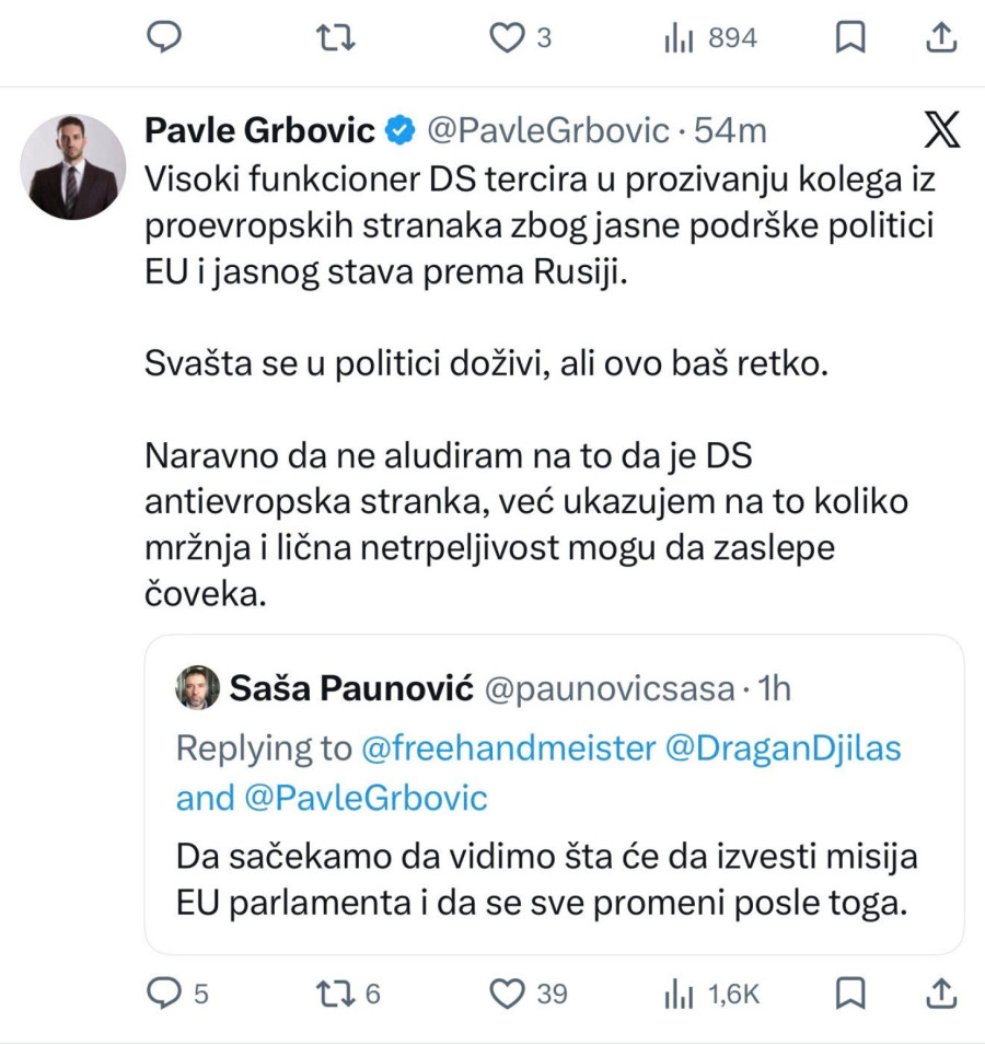 Pavle Grbović poručio Paunoviću iz DS-a: Koliko mržnja i lična netrpeljivost mogu da zaslepe čoveka FOTO