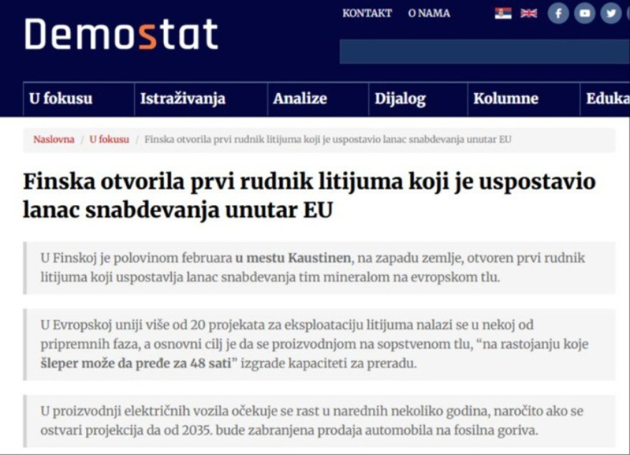Demostat sam sebe demantuje; Hvale litijum u Finskoj, a rušili Jadar u Srbiji