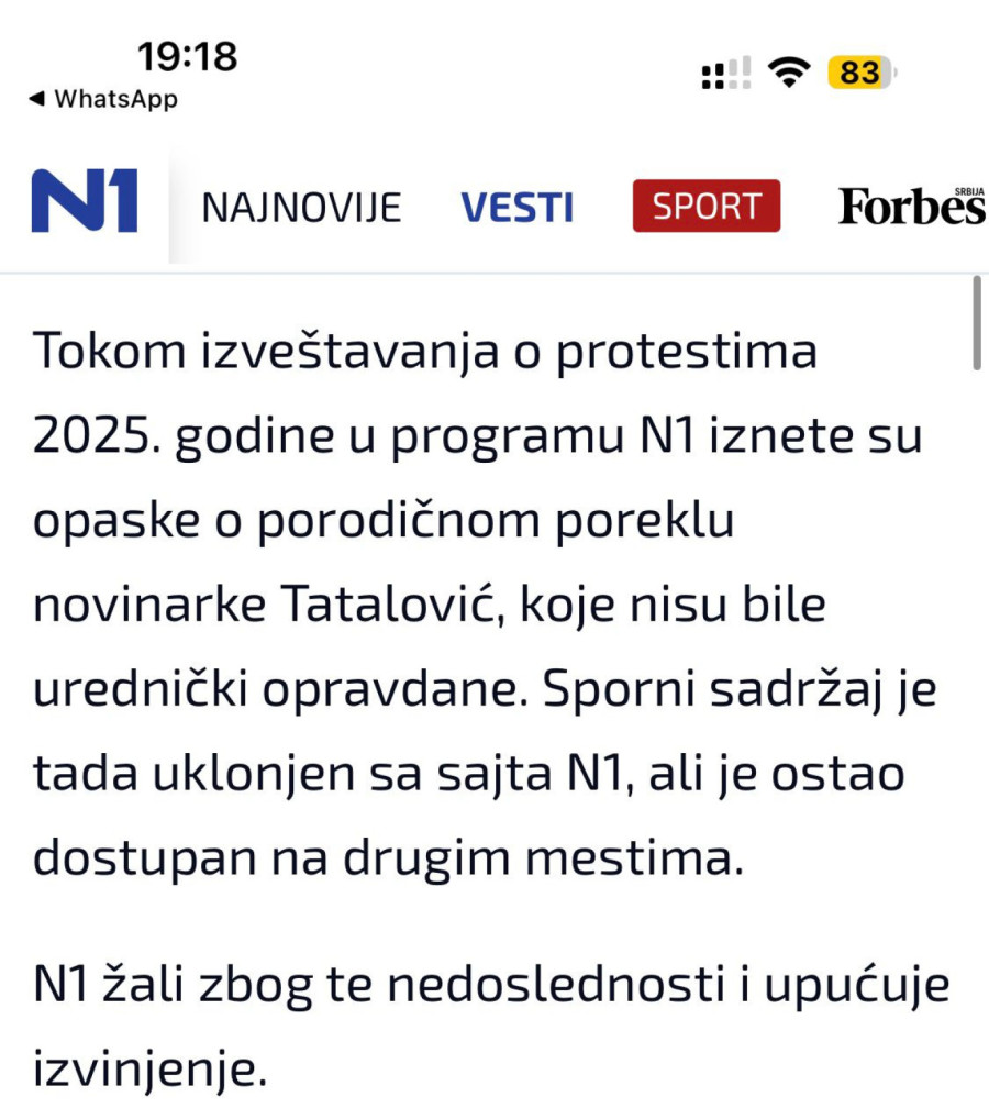 N1 priznaje: Iznete opaske o poreklu Tatalović nisu bile urednički opravdane; Ispravljaćemo greške FOTO