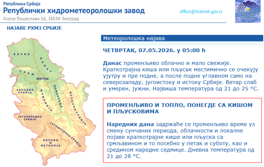 Promenljivo vreme danas u Srbiji – do 25 stepeni
