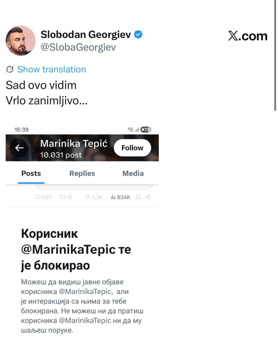 Totalni rat; Marinika Tepić blokirala Slobu Georgieva FOTO