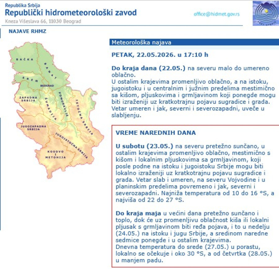 RHMZ se hitno oglasio: U ovim krajevima moguć grad; Narednih dana i do 30 stepeni