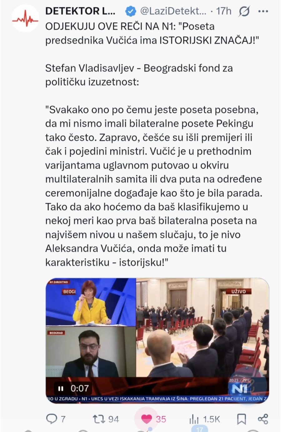 Priznali na N1: Vučićeva poseta Kini ima istorijski značaj