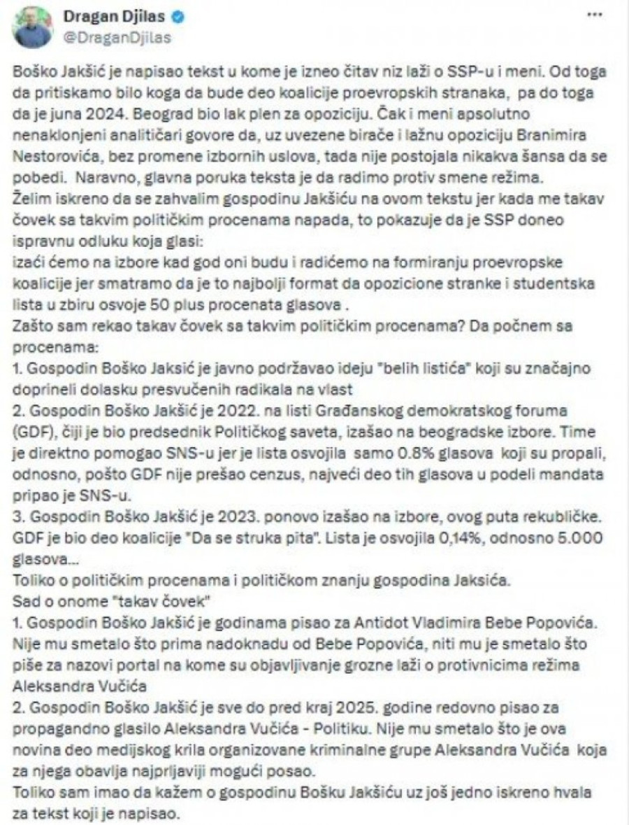 Novi sukob opozicije: Posvađali se Đilas i Jakšić; Doskoro zajedno insistirali da je priznanje Kosova obaveza