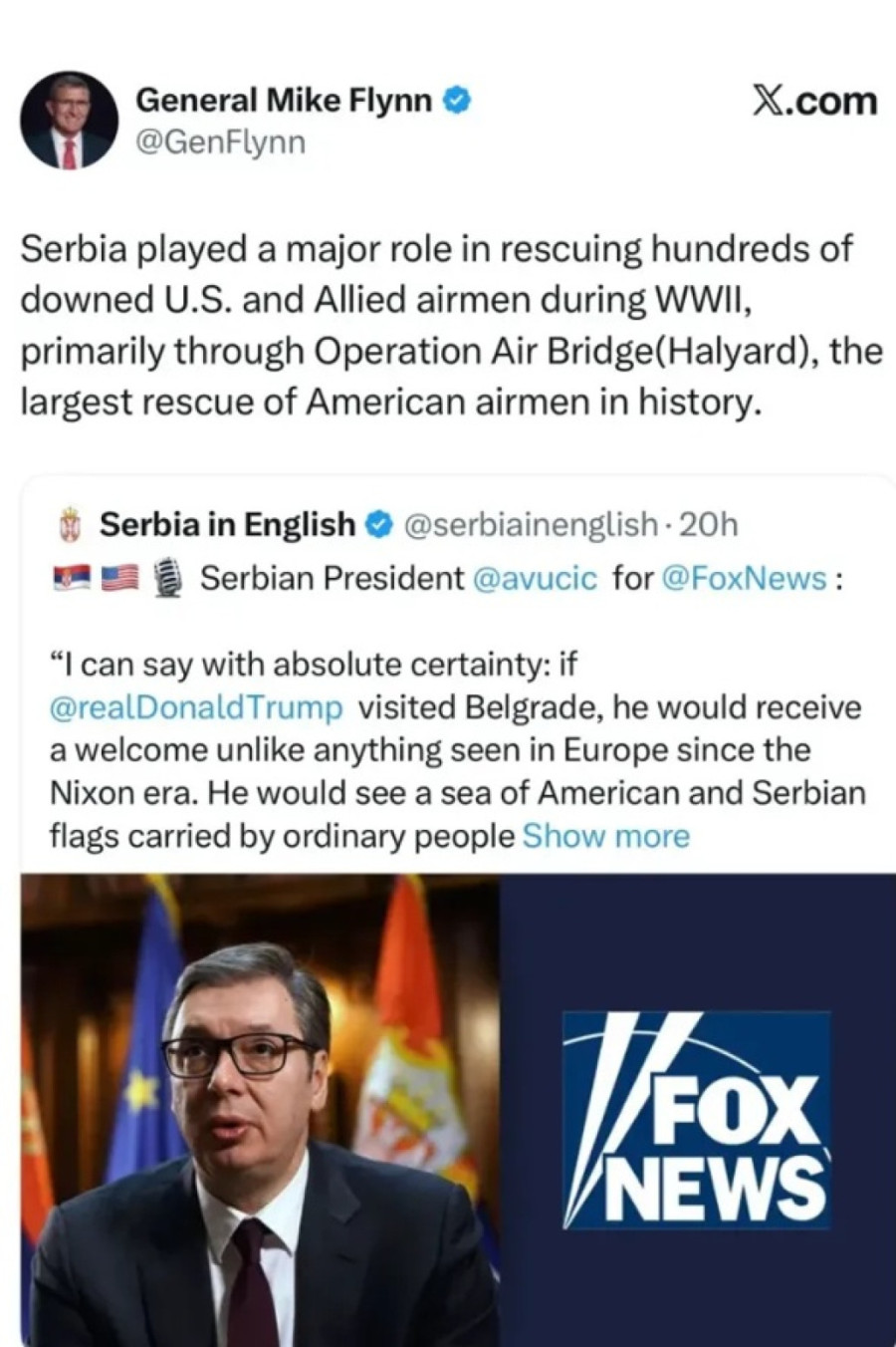 Američki general podsetio kako su Srbi spasili američke pilote; Majkl Flin podelio Vučićev intervju