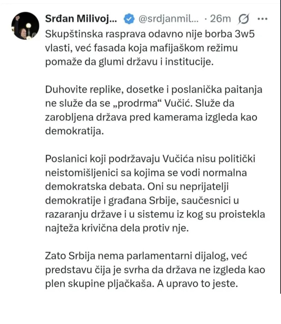 Milivojević udario na svoje dojučerašnje saveznike: Svi koji sede u Skupštini podržavaju Vučića