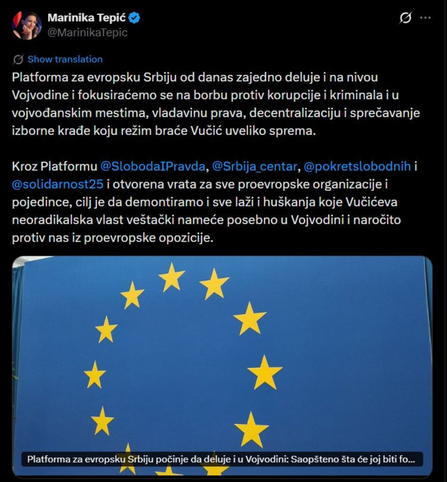Sramna objava Marinike Tepić: Pored Srbije, delujemo i u Vojvodini