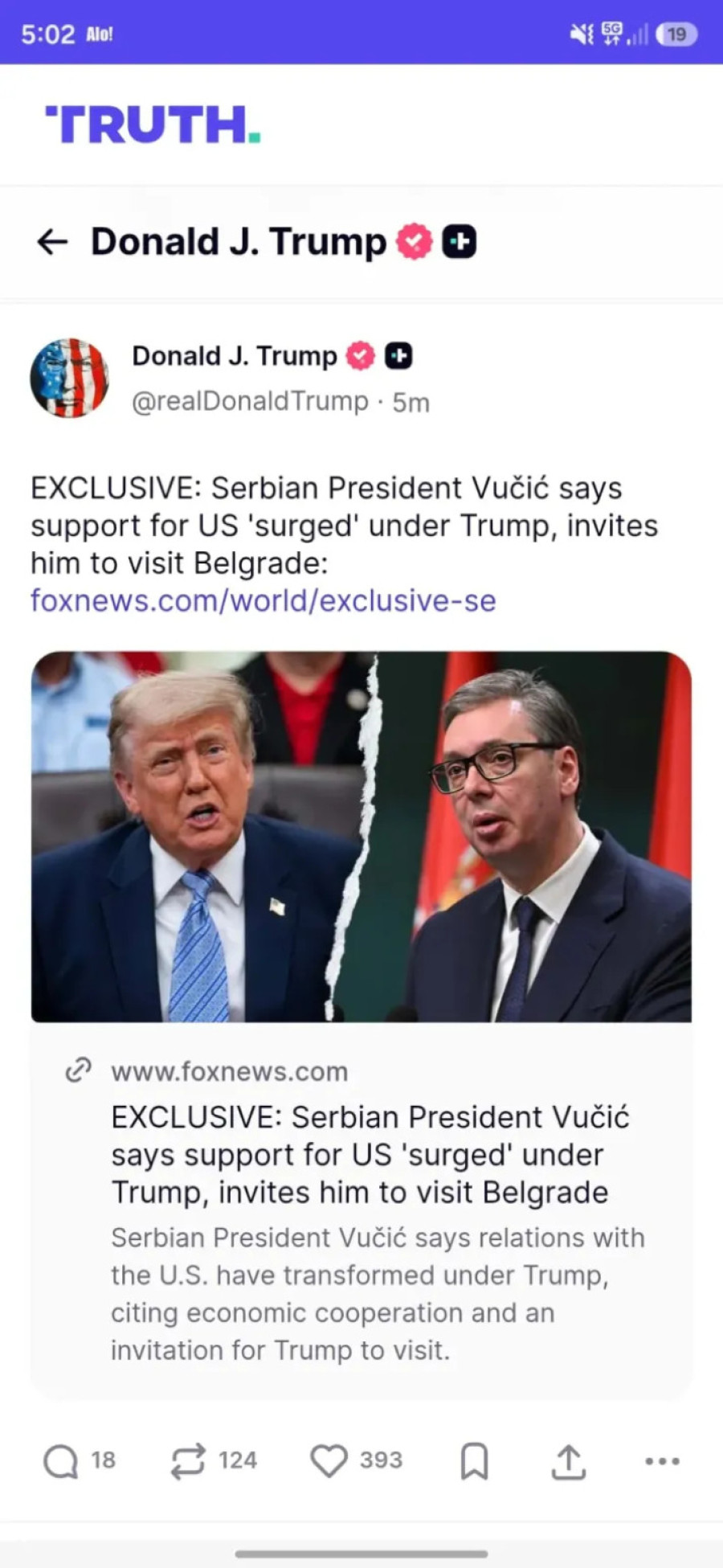 Snažne Vučićeve reči; Tramp lično podelio intervju predsednika Srbije