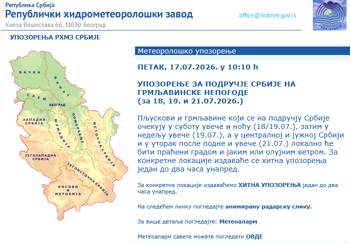 Three dangerous days ahead for Serbia – RHMZ issues warning; Here
