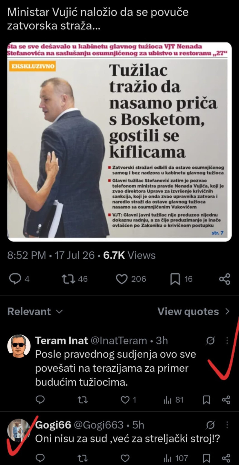 Strašne pretnje smrću tužiocu i ministru pravde: Nakon teksta u Danasu usledio teror blokadera FOTO