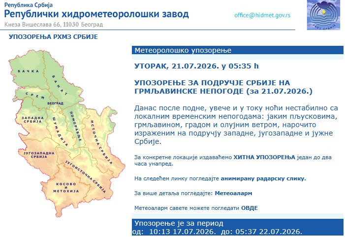RHMZ izdao upozorenje: Očekuje se oluja