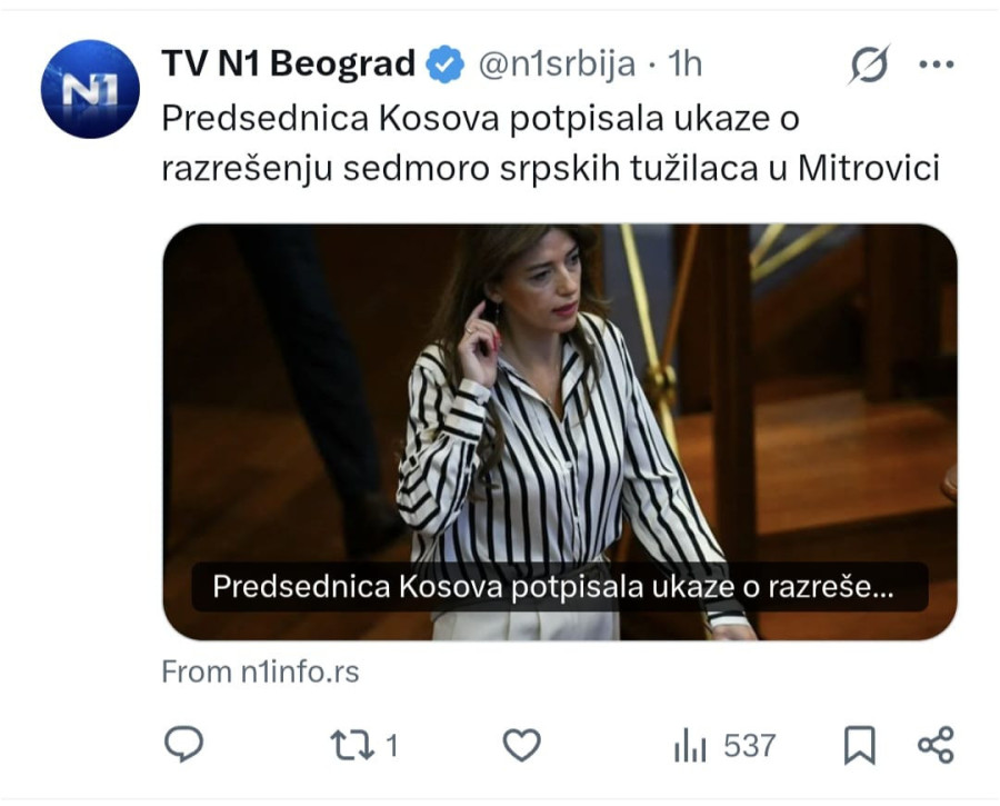 Sramno; Za N1 je tzv. Kosovo legitimna država – dele iste vrednosti sa blokaderima