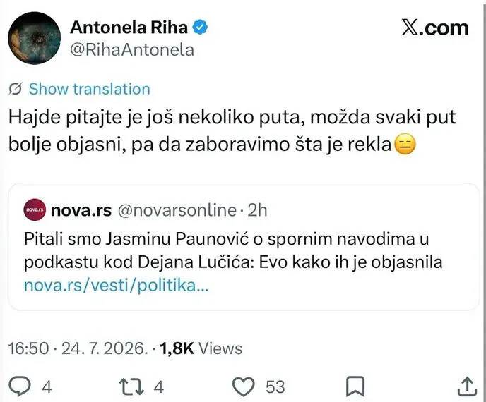 Riha brutalno ismejala Jasminu Paunović, jednom rečenicom izazvala buru: Pitajte je još nekoliko puta