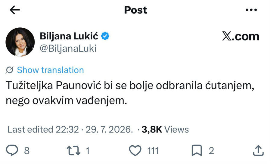 Lukić kritikovala Paunovićevu: Bolje da se branila ćutanjem FOTO