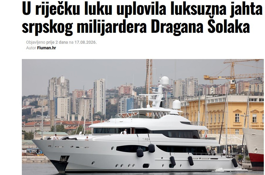 Hrvatski mediji: Šolakova jahta vredna 70 miliona evra uplovila u riječku luku