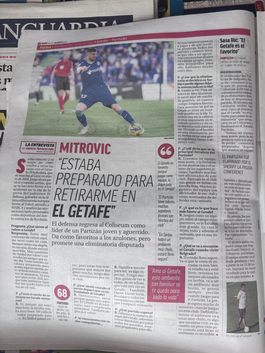 Španski mediji pred Hetafe – Partizan: Mitrović zapalio Madrid! FOTO