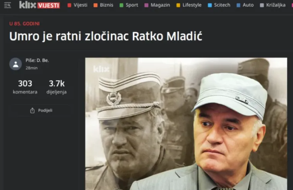 Hrvatski i sarajevski mediji se utrkuju u likovanju i vređanju preminulog generala Mladića