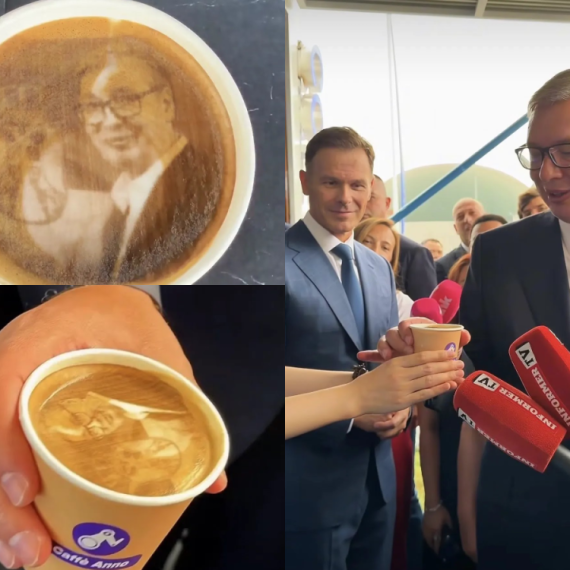 Vučić dobio kafu sa svojim likom u Šapcu: "To ću Siniši da dam da popije" VIDEO