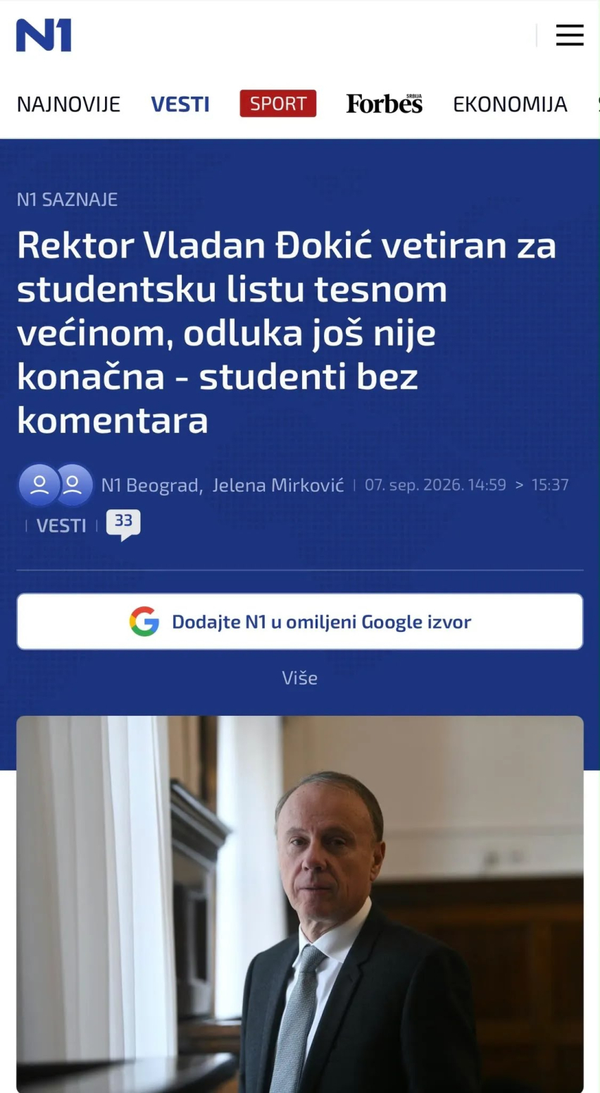 Gde je sada transparentnost?; N1 potvrdio: Rektor Đokić vetiran za studentsku listu
